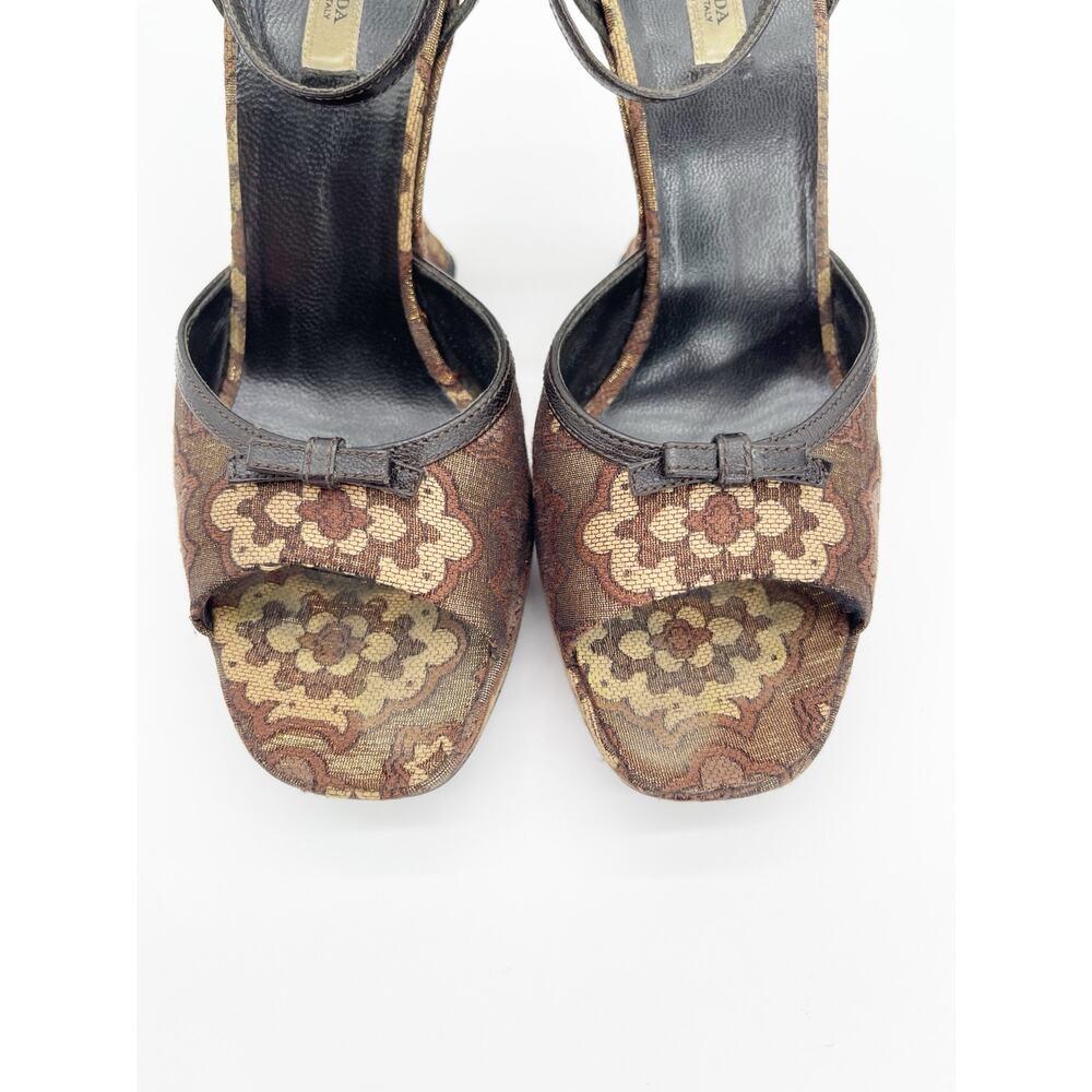 Prada Retro Y2K Brown Bronze Brocade Lurex Bow Sculptural Wedge Sandals IT 36.5 - Picture 8 of 14